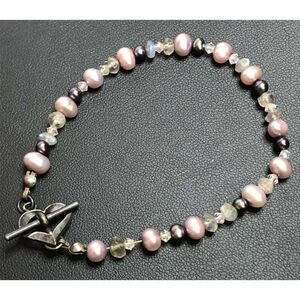 1928 Pearl Crystal&  Labradorite Bead heart toggle Bracelet 7"